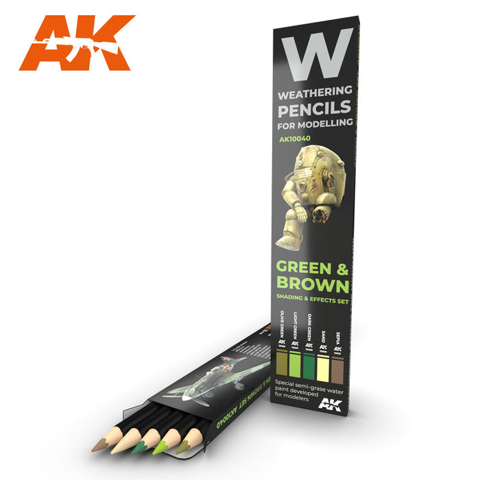 AK Interactive 10040 Weathering Pencils Green and Brown Shading 5 Color Set