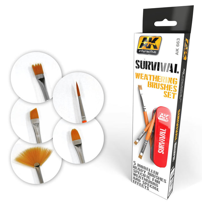 AK Interactive 663 Survival Weathering Brushes Set (5 different)