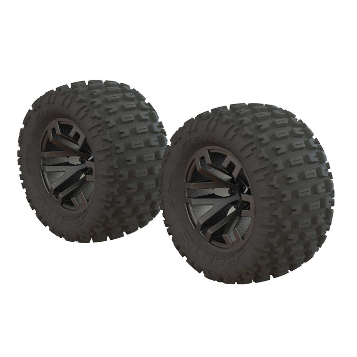 ARRMA ARA550086 DBoots Fortress MT Tires Mounted on Black 14mm Hex Wheels (1 Pair)