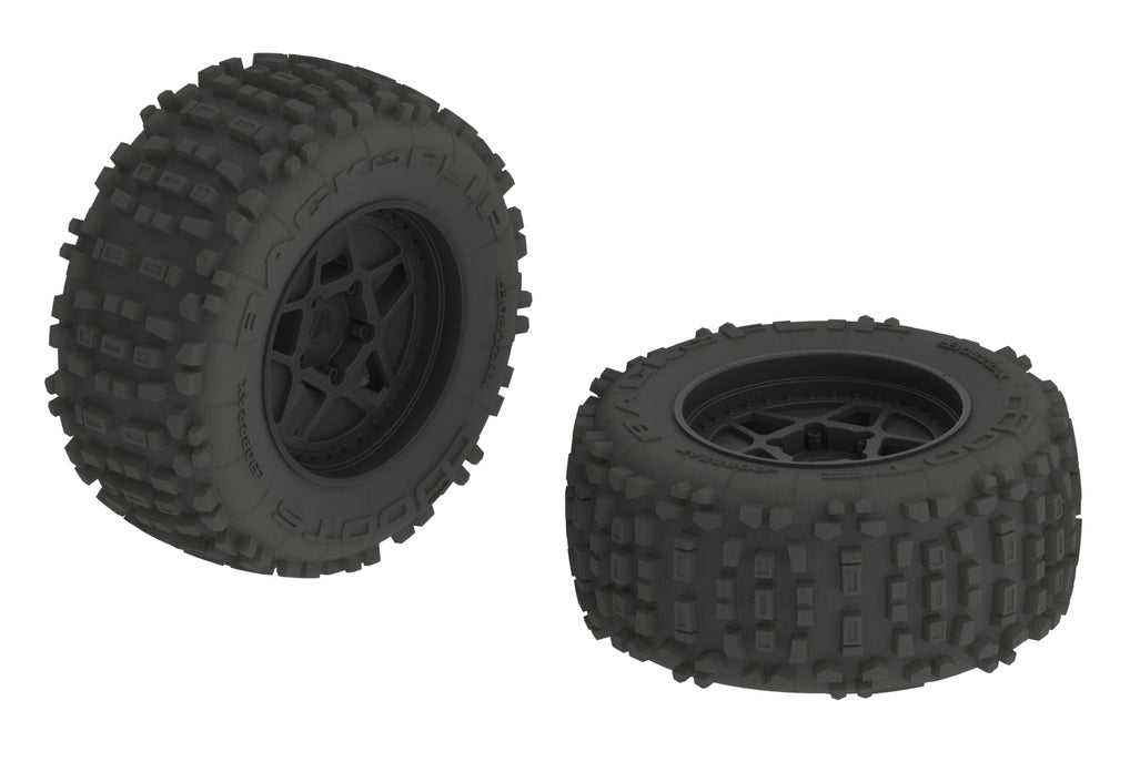 ARRMA AR510092 DBoots Backflip 6s Monster Truck Tires Mounted on Black 3.8 17mm Hex Wheels 2 Pack