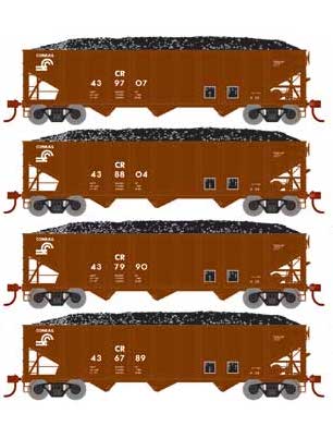 Athearn 15151 HO Scale 40' 3 Bay Ribbed Hopper with Load Conrail CR 4 Pack #1