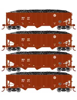 Athearn 15158 HO Scale 40' 3 Bay Ribbed Hopper with Load BNSF 4 Pack #2