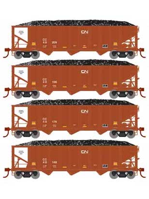 Athearn 15166 HO Scale 40' 3 Bay Ribbed Hopper with Load Canadian National CC 4 Pack #1