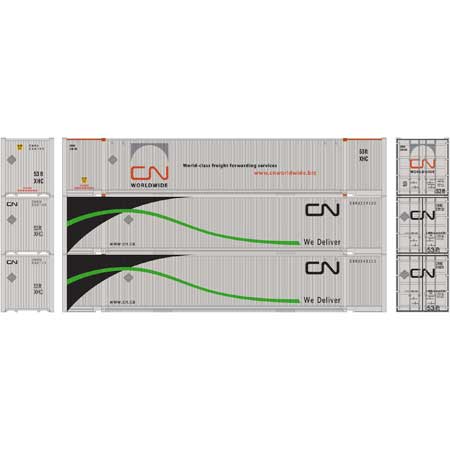 Athearn 26679 HO Scale 53' Jindo Intermodal Container Canadian National CNHU #2 3-Pack