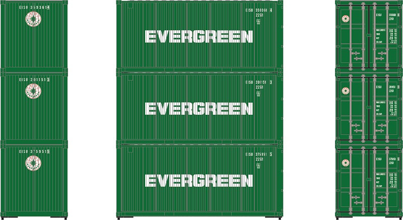 Athearn 27785 HO Scale 20' Intermodal Corrugated Container Evergreen EISU 3-Pack #1