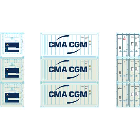 Athearn 28883 HO Scale 20' Intermodal Reefer Container CMA CGM CGMU 3-Pack