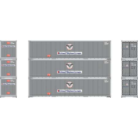 Athearn 63389 HO Scale 40' Smooth Side Container United States Line USLU 3 Pack #1