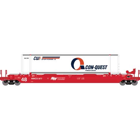 Athearn 7440 HO Scale 48' Husky Stack Well Car Northwest Container NWCX 977 with Conquest Container