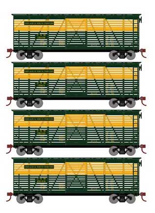 Athearn 75994 HO Scale 40' Stock Car Chicago & Northwestern CNW 4 Pack