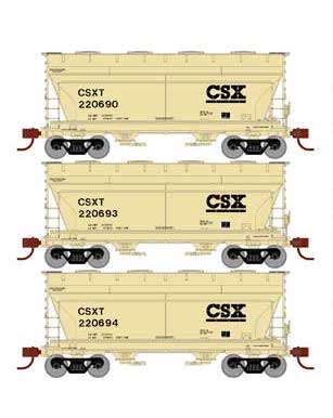 Athearn 81055 HO Scale ACF 2970 2 Bay Covered Hopper CSX 3 Pack