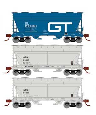 Athearn 93456 HO Scale ACF 2970 2 Bay Covered Hopper Grand Trunk Western GTW 3 Pack