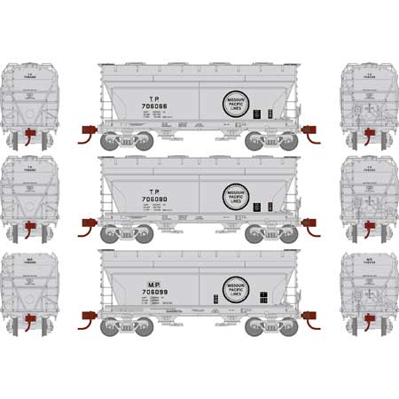 Athearn HO Scale 93459 ACF 2970 2 Bay Covered Hopper Missouri Pacific MP / TP 3 Pack