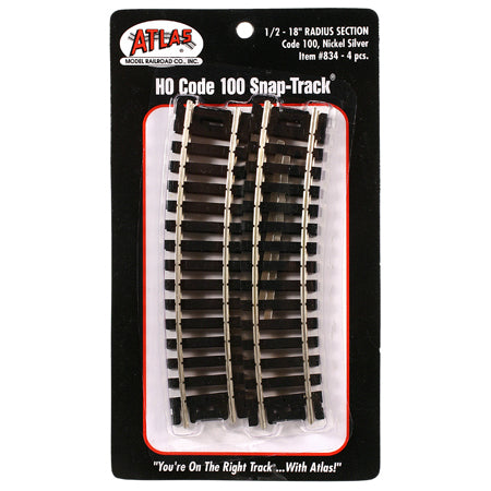 Atlas 834 HO Scale Code 100 Track 18" Radius 1/2 Curve (4 Pack)