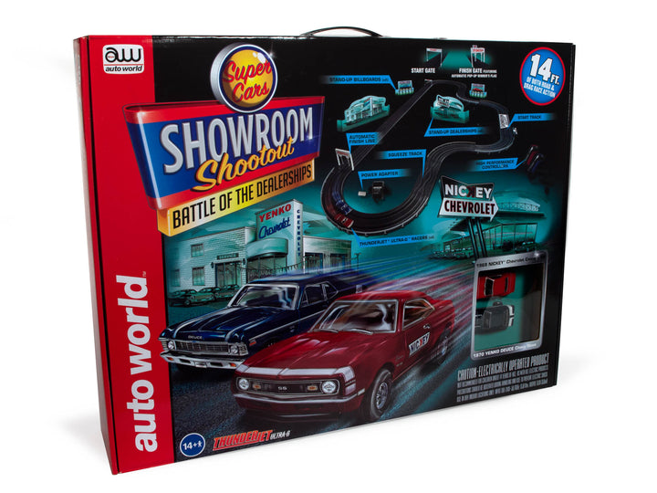 Auto World 33703 HO Scale Showroom Battle of the Dealerships Slot Car Racing Set