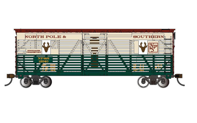 Bachmann 19709 HO Scale 40' Animated Stock Car North Pole Southern NP&S 12040 with Christmas Reindee