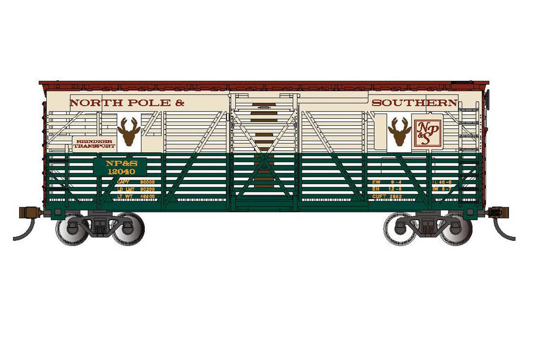 Bachmann 19709 HO Scale 40' Animated Stock Car North Pole Southern NP&S 12040 with Christmas Reindee