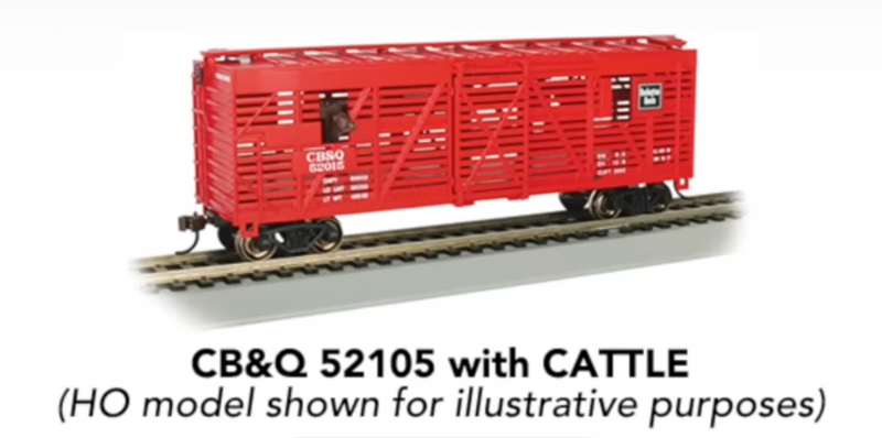 Bachmann 19751 N Scale 40' Animated Stock Car Burlington CB&Q with Cattle