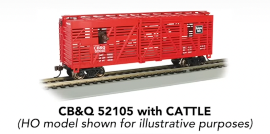 Bachmann 19751 N Scale 40' Animated Stock Car Burlington CB&Q with Cattle