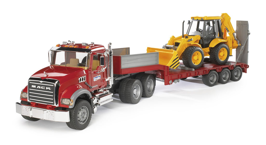 Bruder 02813 MACK Granite Semi Truck with Lowboy Trailer and JCB