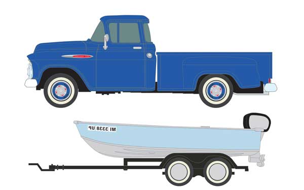 Classic Metal Works 40012 HO Scale (1:87) Blue 1957 Chevy Pickup Truck with Boat Trailer