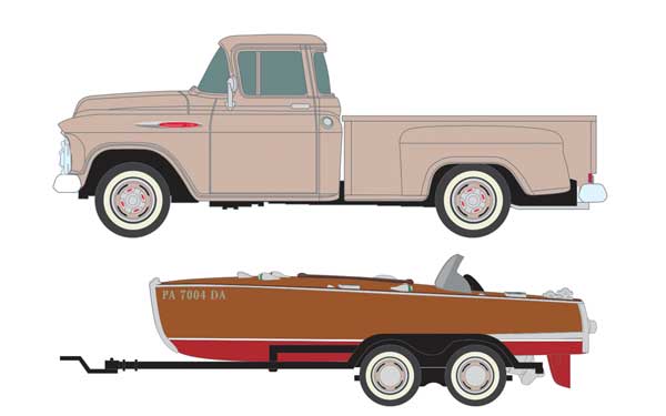 Classic Metal Works 40013 HO Scale (1:87) Arctic Beige 1957 Chevy Pickup Truck with Boat Trailer