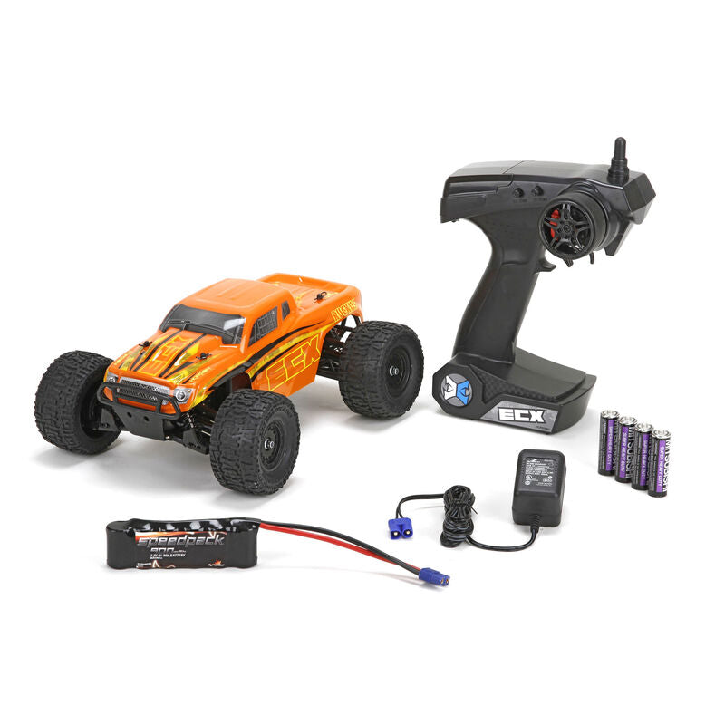 ECX 1000T2 Ruckus 1/18 4WD RTR Monster Truck Orange and Yellow