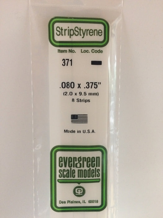 Evergreen 371 White Styrene Strips .080 x .375 x 24 (8 Pack)