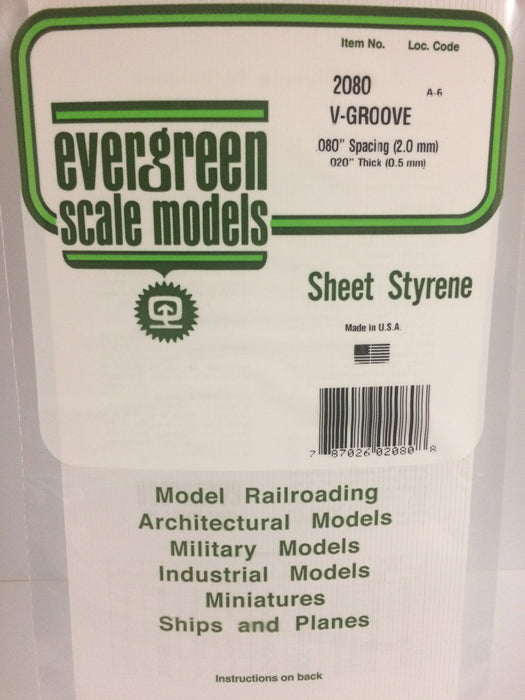 Evergreen Scale Models 2080 Styrene V-Groove .020 x 6 x 12,.080"