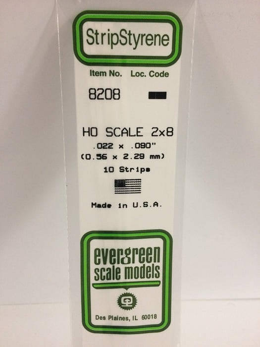 Evergreen Scale Models 8208 HO Scale Strip Styrene 2 x 8 (10 Pack)