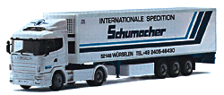 Herpa 144711 HO Scale Scania 124 Tractor with Refrigerated Trailer - Schumacher
