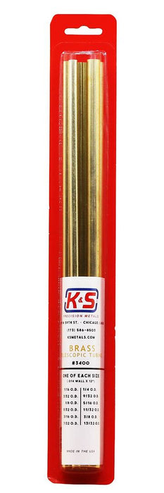 K&S Engineering 3400 1/16 - 13/32"x12" Telescopic Brass Tubing with .014 Wall (12 Pieces)