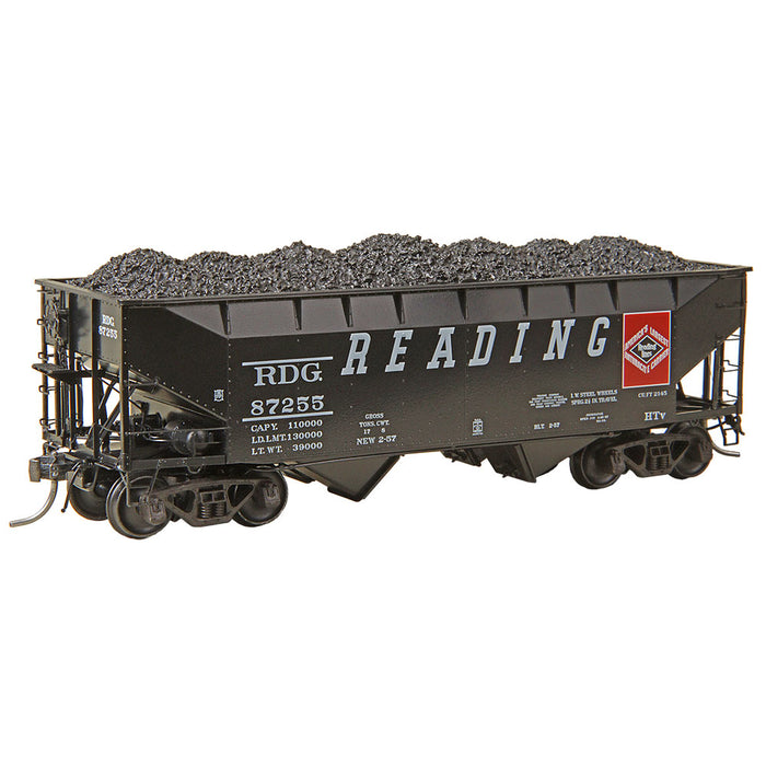 Kadee 7523 HO Scale 50 Ton AAR Standard 2 Bay Open Hoppers Reading RDG 87255 with coal load