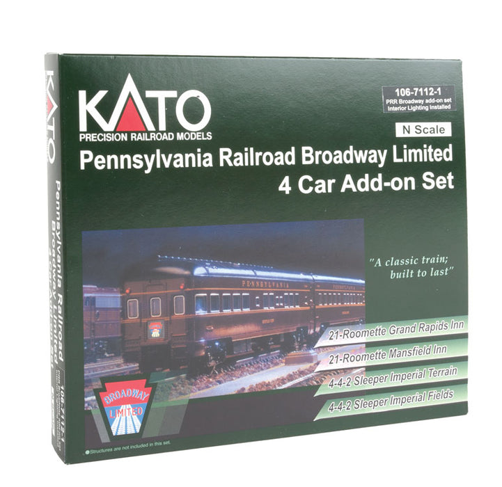 KATO 106-7112-1 N Scale Pennsylvania Broadway Limited 4 Car Passenger Add On Set with Lights