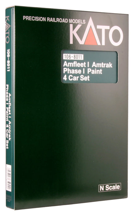 Kato 106-8011 N Scale Amtrak Amfleet I Phase I (21116, 21214, 21253, Cafe 20030) 4 Car Set