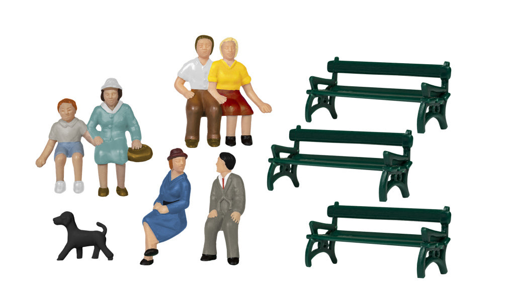 Lionel 1957200 HO Scale Sitting Figures with Benches and Dog