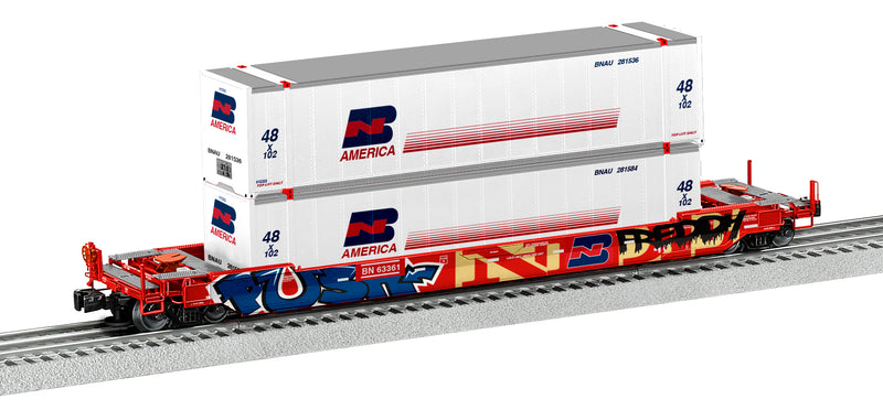 lionel-2226572-o-scale-husky-stack-well-car-with-graffiti-burlington-northern-bn-63361