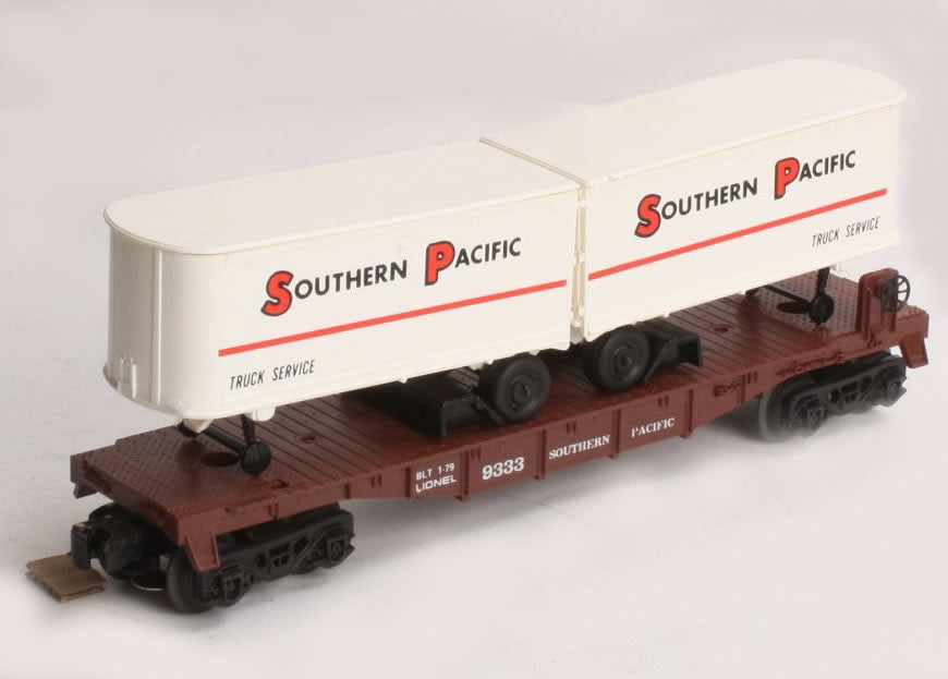 Lionel 6-9333 O Gauge Flatcar with Van Trailers Southern Pacific SP - NOS
