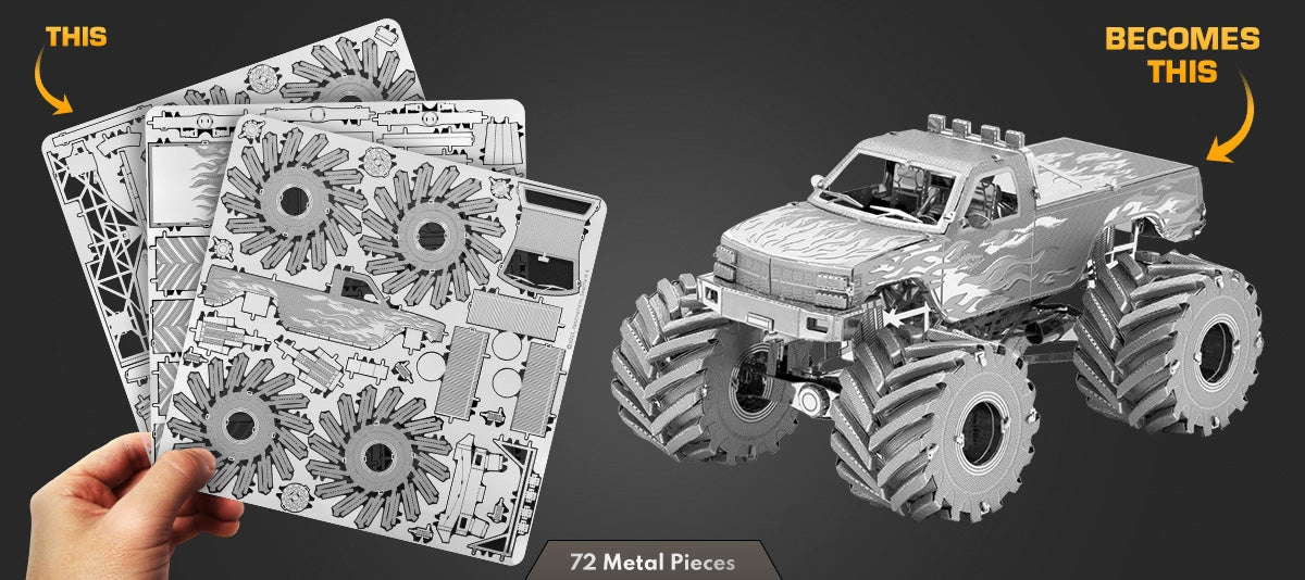 Metal Earth MMS216 Monster Truck Flames Edition 72 Piece Metal Model Kit