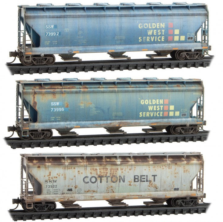 Micro-trains 983 05 029 N Scale ACF 3 Bay Covered Hopper Ex-Golden West SSW 3 Pack Weathered