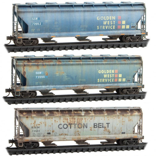 Micro-trains 983 05 029 N Scale ACF 3 Bay Covered Hopper Ex-Golden West SSW 3 Pack Weathered