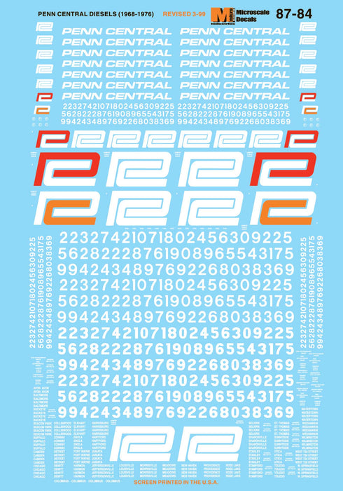 Microscale 87-84 HO Scale Penn Central PC Hoods and Cab Diesel Decals