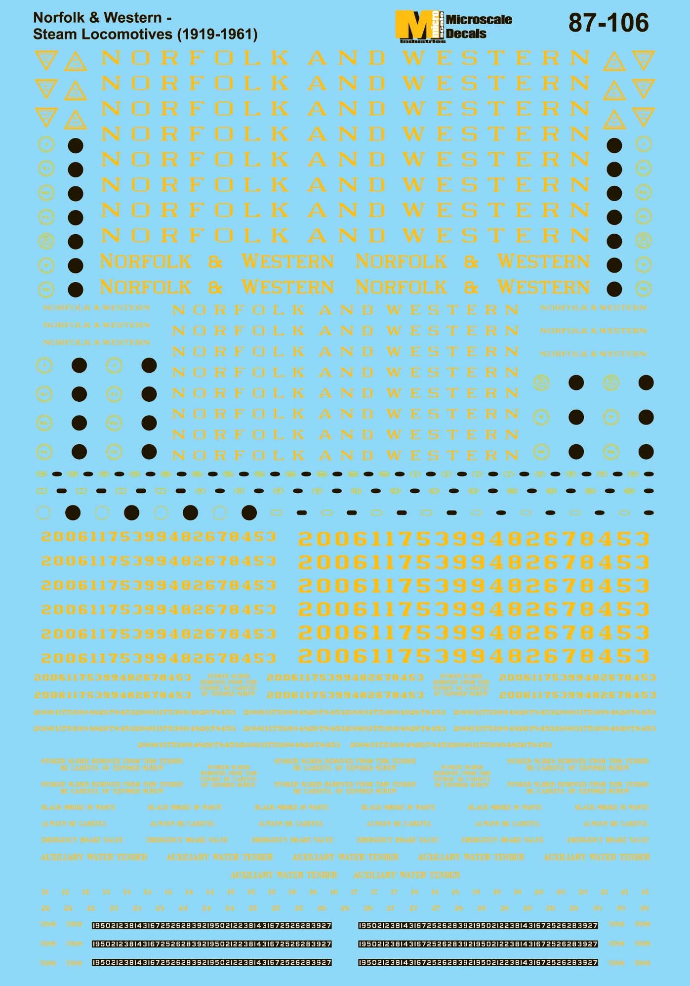 Microscale Decals 87106 HO Scale Norfolk Western N&W Steam