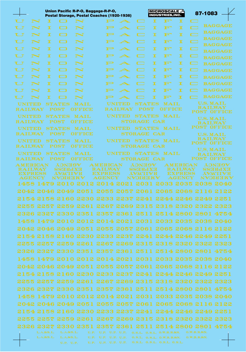Microscale Decals 87-1083 HO Scale Heavyweight Head End Cars Union Pacific (1920-1938)