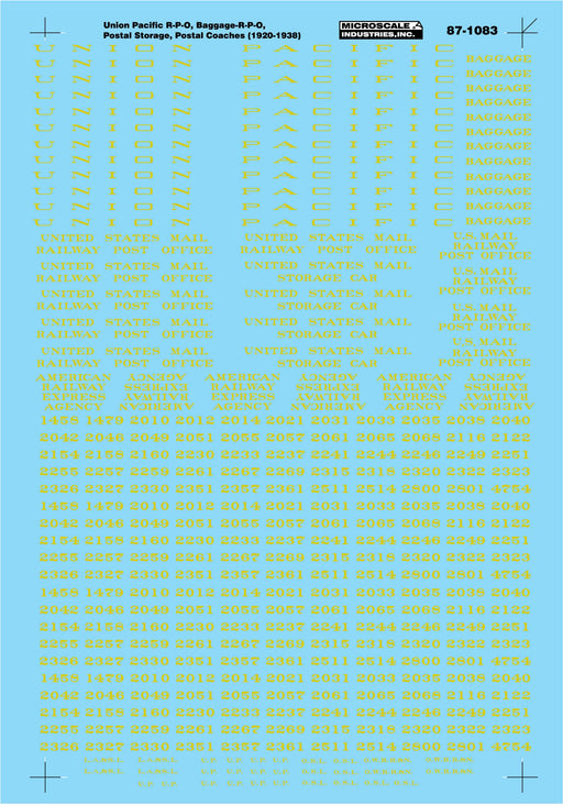 Microscale Decals 87-1083 HO Scale Heavyweight Head End Cars Union Pacific (1920-1938)