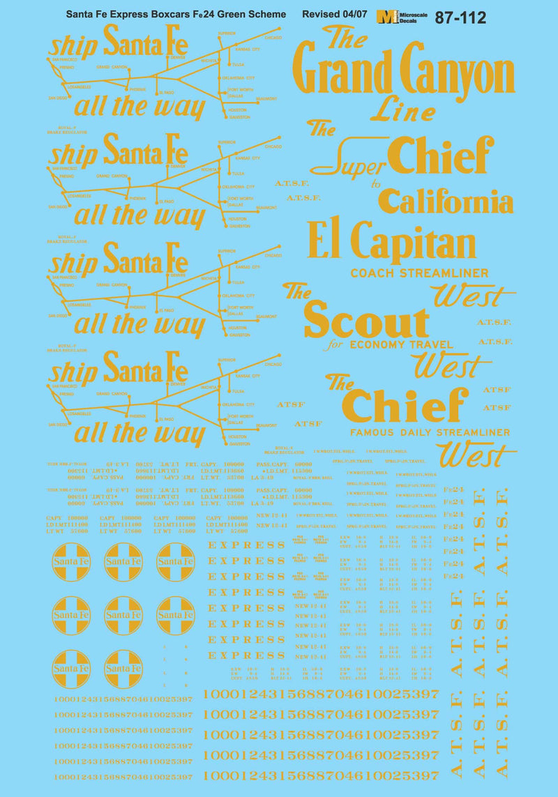 Microscale Decals 87-112 HO Scale 50' Express Boxcars Santa Fe (1950-1960)