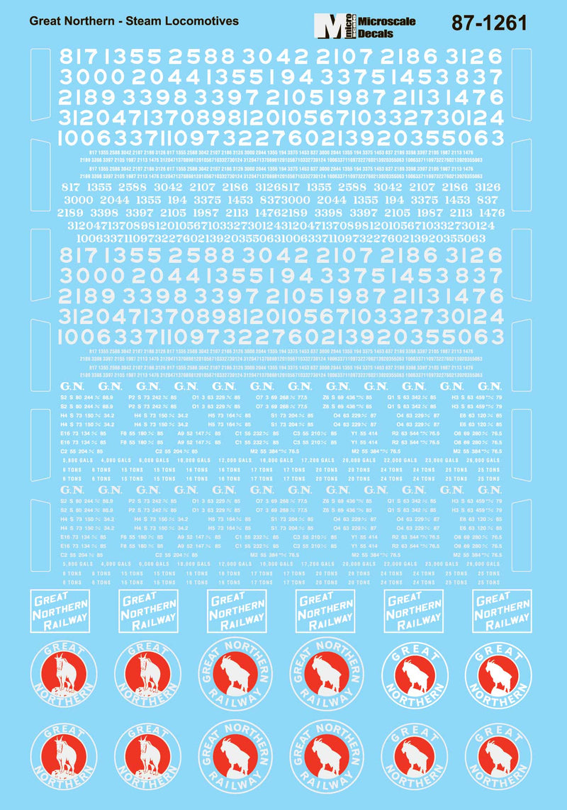 Microscale Decals 87-1261 HO Scale Great Northern GN Steam Locomotives