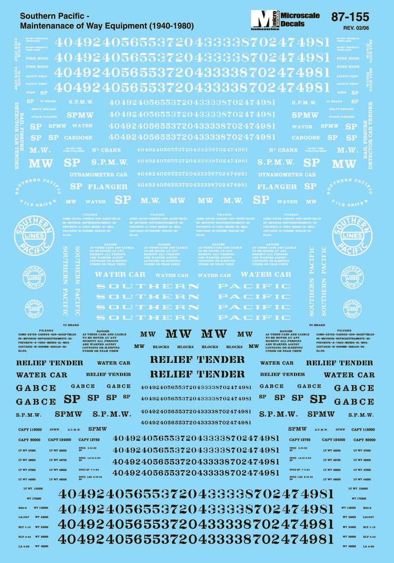 Microscale Decals 87-155 HO Scale Southern Pacific SP Maintenance of Way Equipment