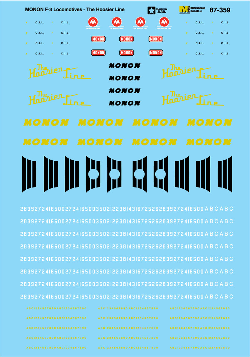Microscale Decals 87-359 HO Scale Monon F3 Diesel "The Hoosier Line"