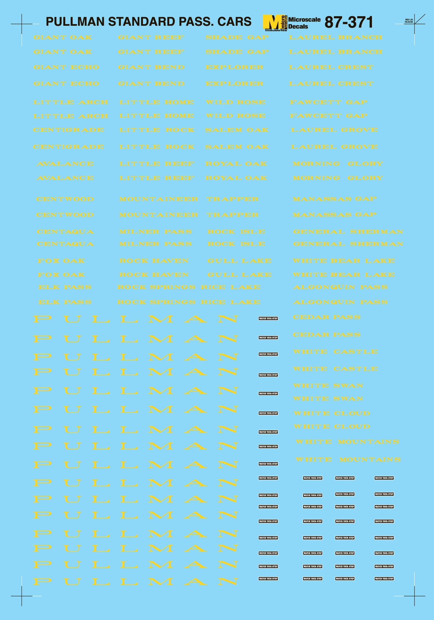Microscale Decals 87-371 HO Scale Pullman Heavyweight Passenger Cars Y ...