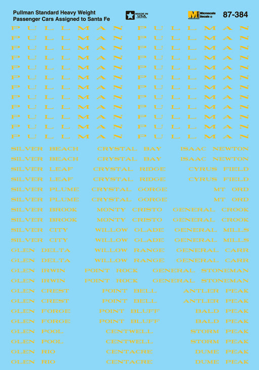 Microscale Decals 87-384 HO Scale Pullman Heavyweight Sleeper Cars Assigned to Santa Fe (1950-1960)